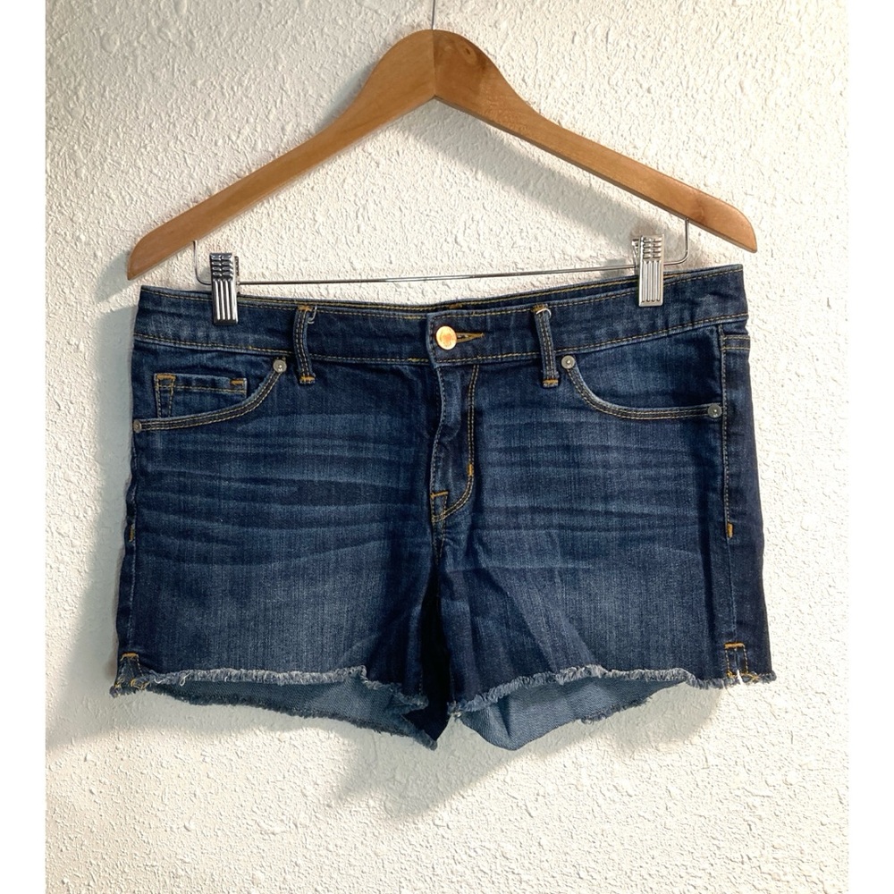 Mossino mid rise dark wash raw edge shorts, 8/29